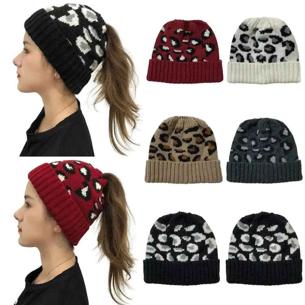 Women's Leopard Jacquard Ponytail Knitted Woolen Hat - EX-STOCK Canada
