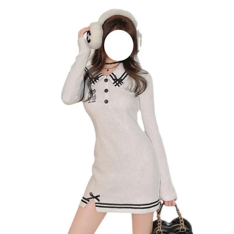 Women's Navy Neck Embroidered Thermal Wool Knit Slim Fit Dress - EX-STOCK Canada