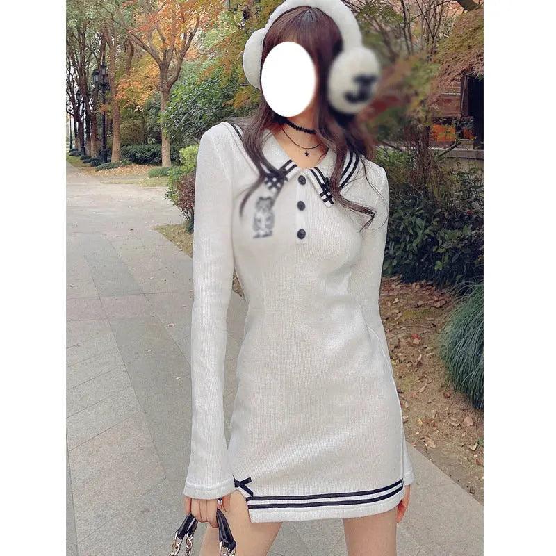 Women's Navy Neck Embroidered Thermal Wool Knit Slim Fit Dress - EX-STOCK Canada