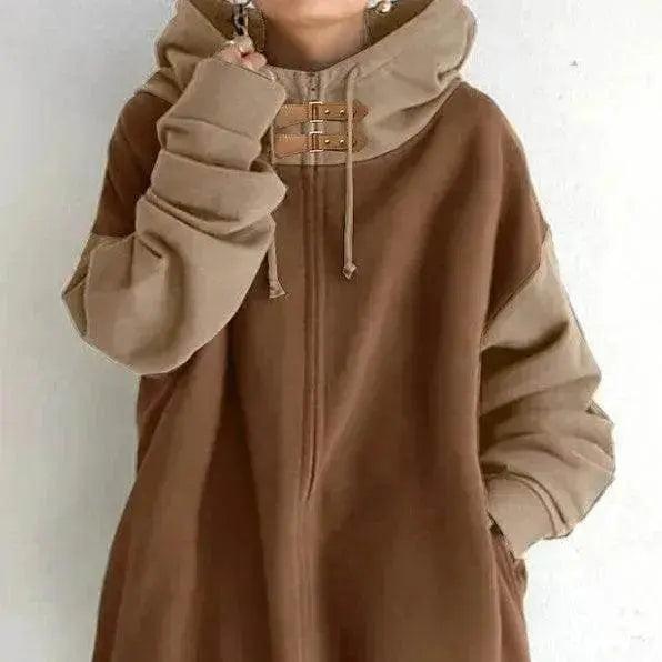 Women's Patchwork Color Loose Hooded Long-sleeve Zipper Sweater - EX-STOCK Canada