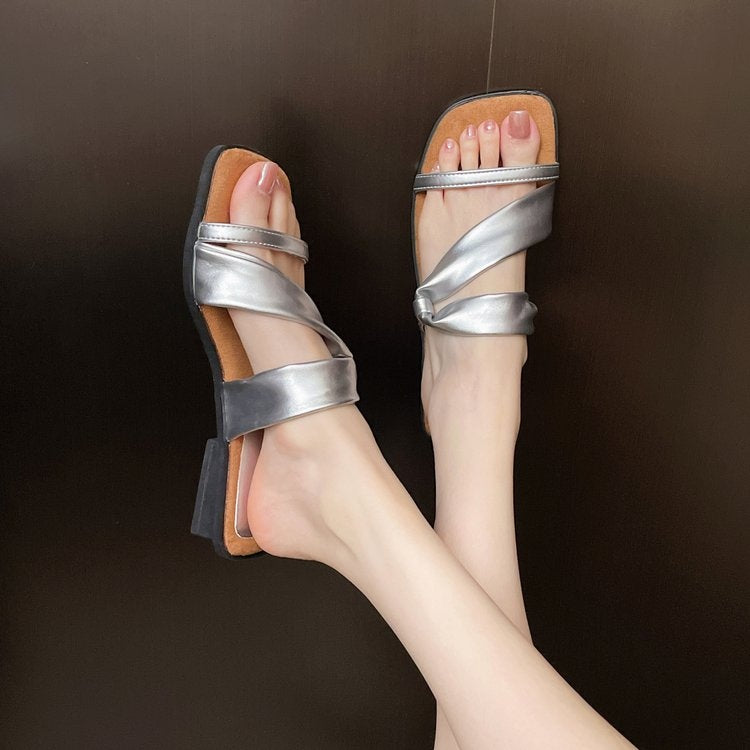 2025 Summer New French Style Low Heel Slippers For Women, Fairy Style Outdoor Fashion Slides, Elegant Match-Dress Sandals In Black, Silver, Beige