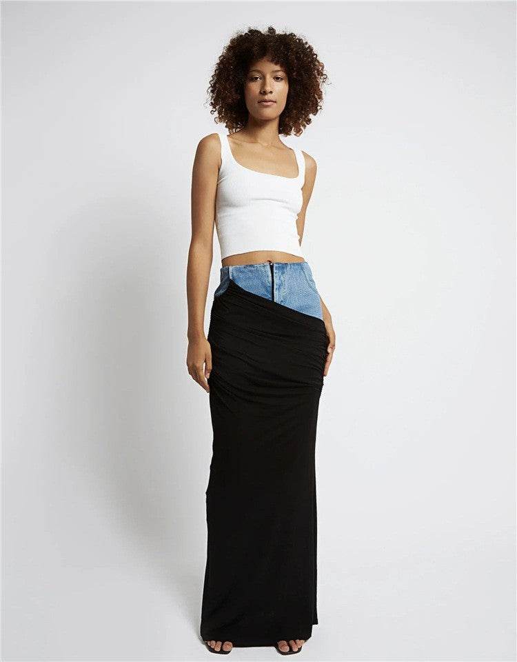 Fashion Black Panel Long Pencil Denim Skirt - EX-STOCK Canada