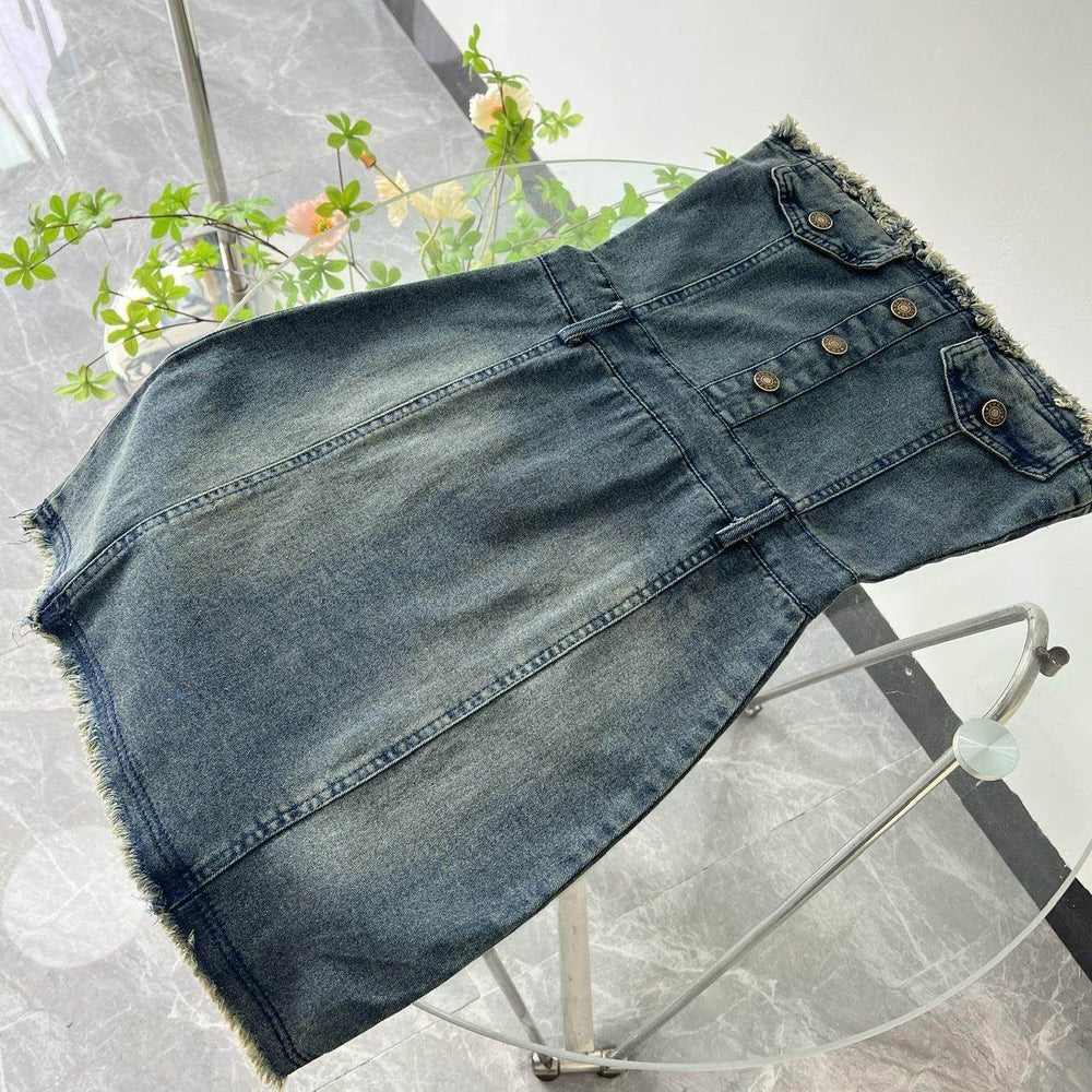 Design Waist-tight Tube Top Raw Edge Denim jeans mini club Dress - EX-STOCK Canada