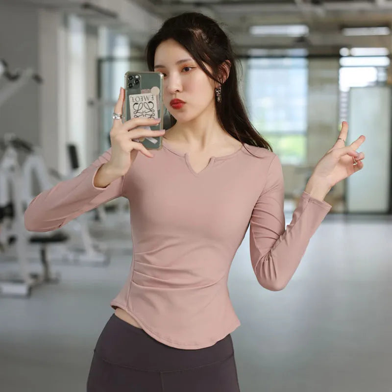 Long Sleeve V-neck Gym t-shirt for Women Athleisure top - EX-STOCK CANADA