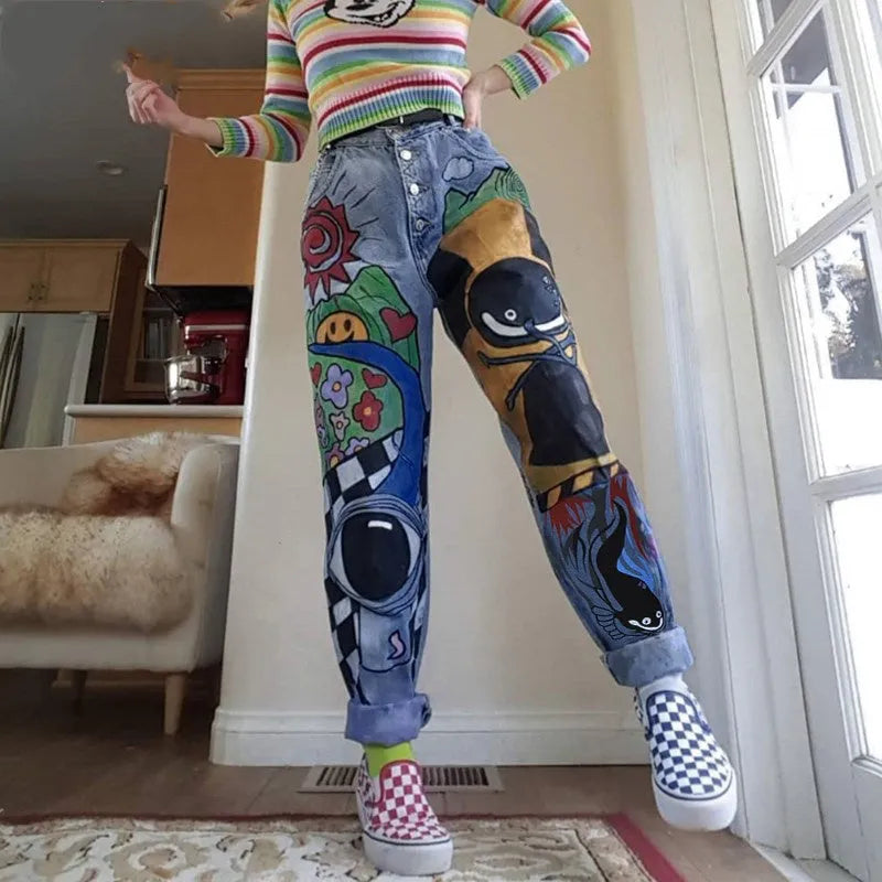 Cartoon Printed Jeans Pants Trousers For Women - EX-STOCK CANADA