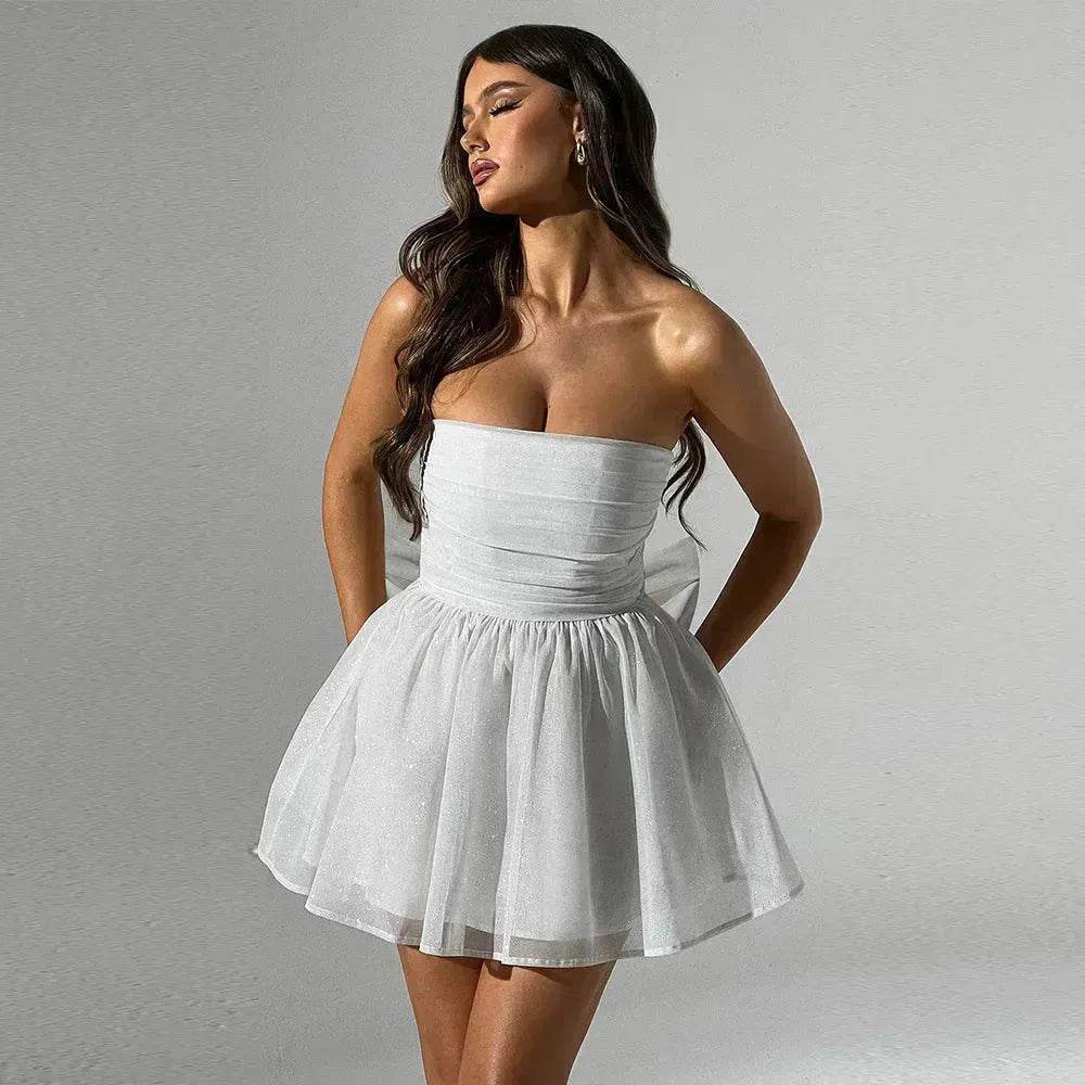 Tube Top Lace Dress With Back Bow-knot Summer Fashion Temperament Mesh Stitching Off-neck Short Mini Skater Dress - EX-STOCK Canada