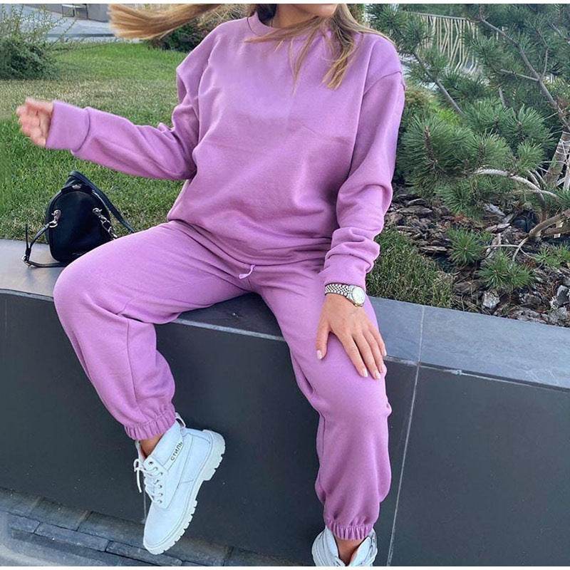 2pcs Ladies Athleisure wear Long sleeve Round neck Sweatsuit set - EX-STOCK Canada