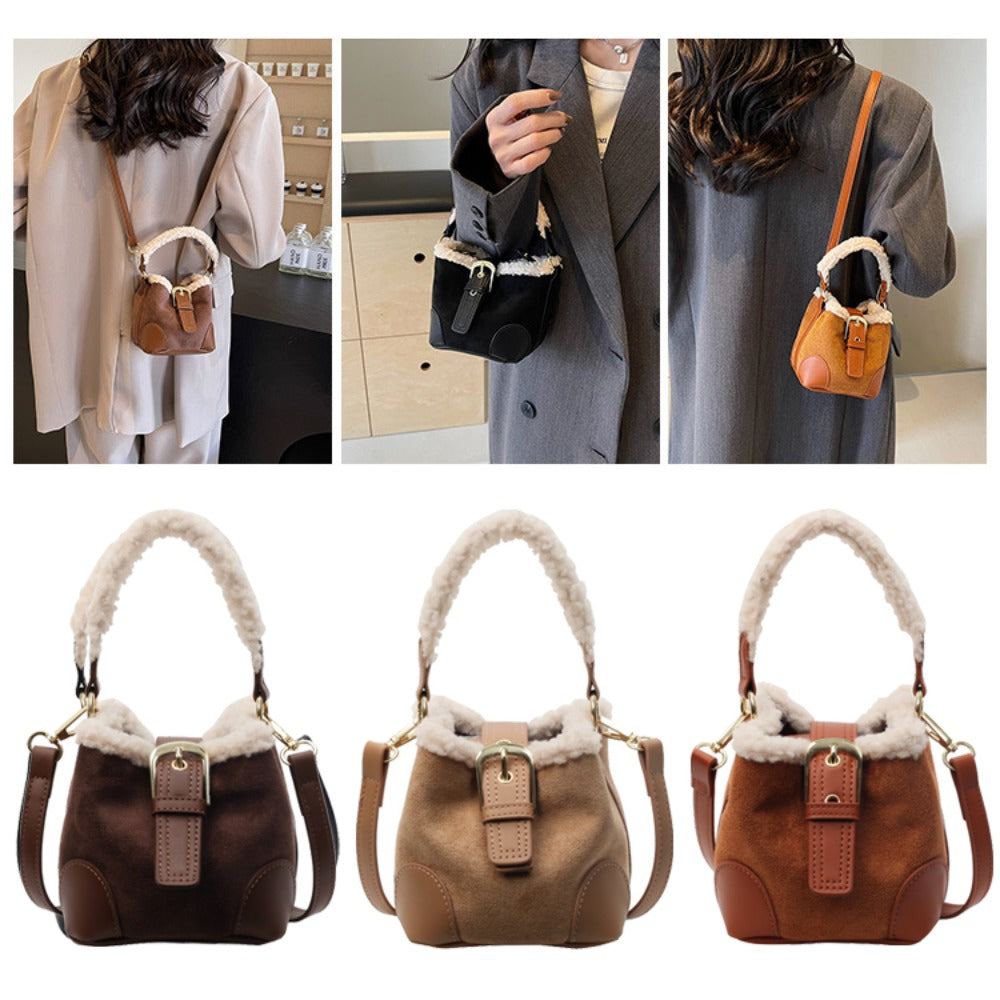 Retro Plush Mini Crossbody Bag for Women – Sherpa Trim Bucket Bag in 4 Colours