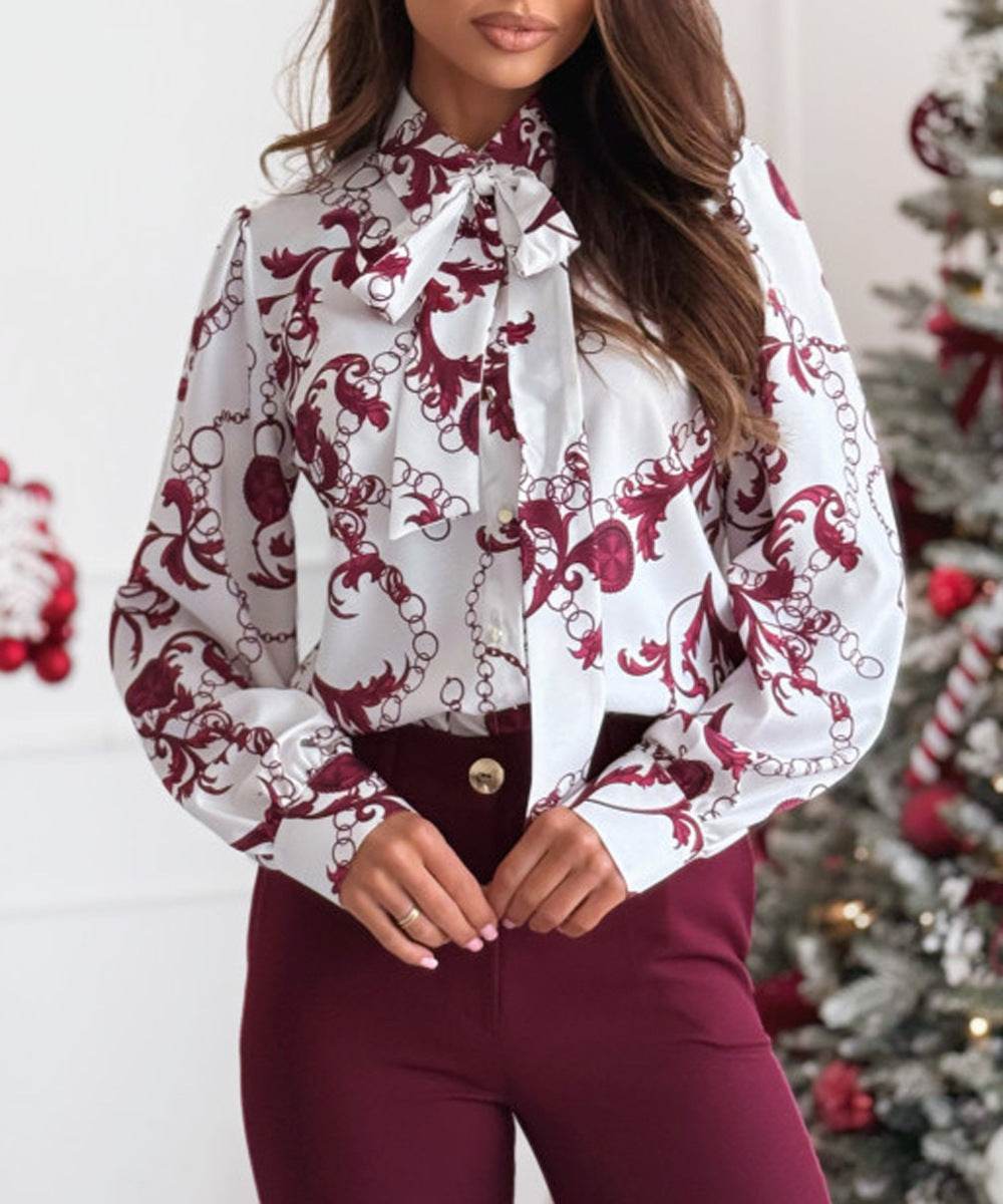Printed Long Sleeve Bowknot Lining Business Office Formal Work shirt For Women - EX-STOCK Canada