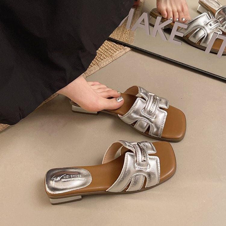 Women's Flat Block Heel Slides, 2026 Summer Outdoor Fashion Woven Slides, Versatile Elegant One-Strap Slippers