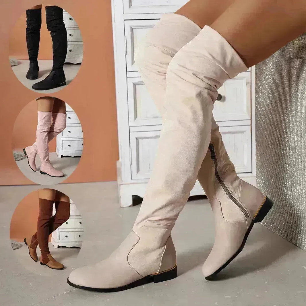 Fashion Bottes de la mode pour les femmes en daim Cousage à faible talon Bottes avec des chaussures de fête de conception de fermeture à glissière latérale hiver