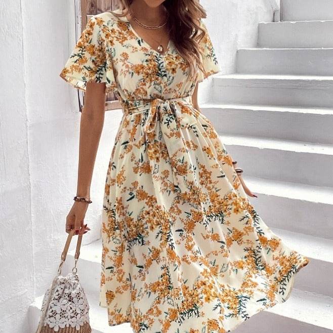 Women Bohemian Spring Short sleeve Casual flowy V-neck Tie belt Floral Color / M