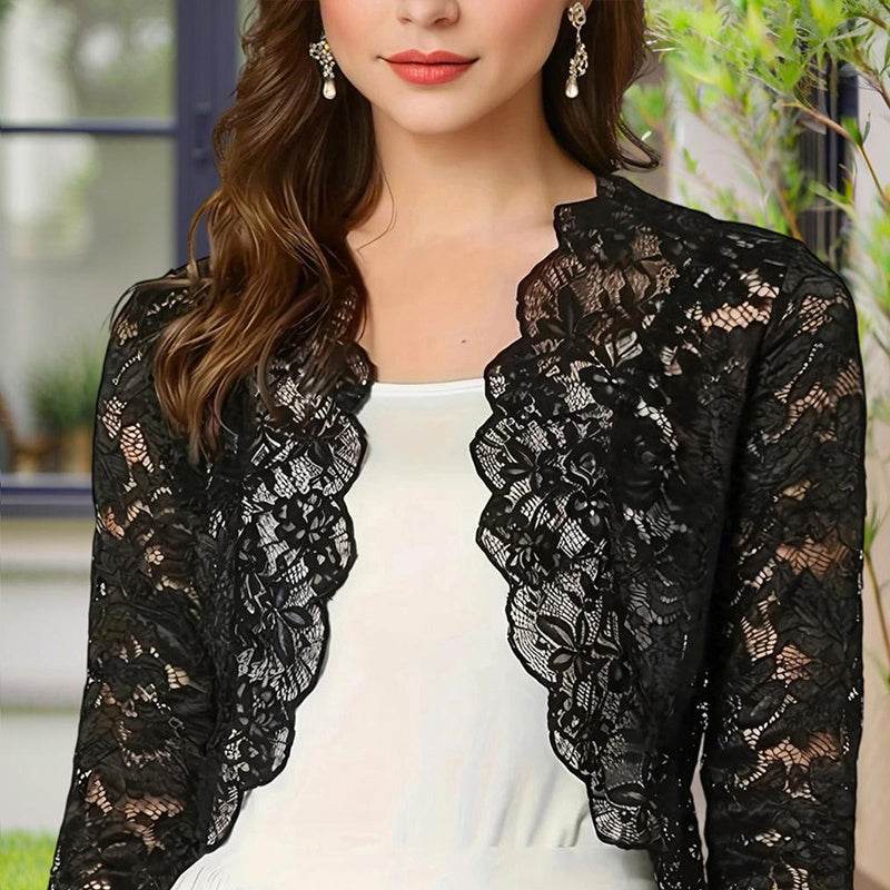 Women's Solid Color Cropped Lace Cardigan - Summer Fashion Medium-Long Sleeve Open Front Top - EX-STOCK Canada