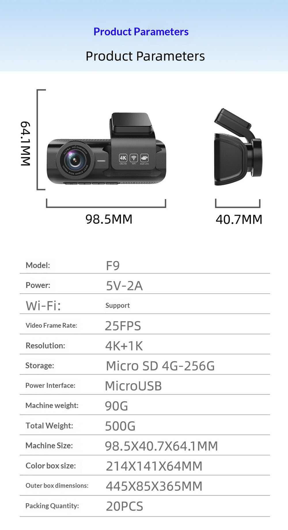Product parameters diagram for a black dash camera, showing front and side views with dimensions 98.5mm, 40.