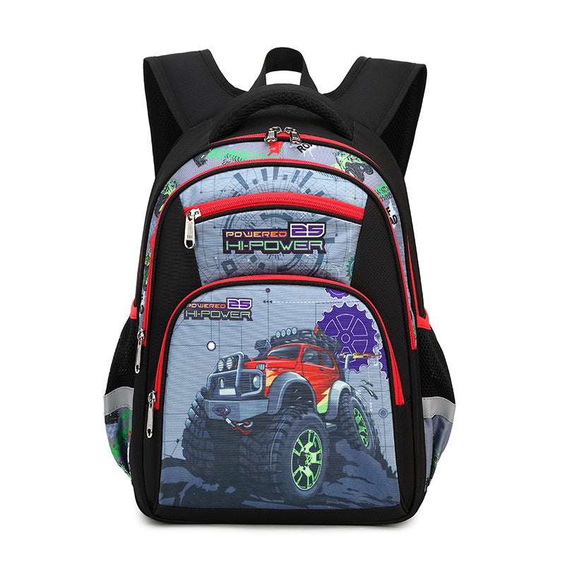 Backpack with toy car design on a white background
