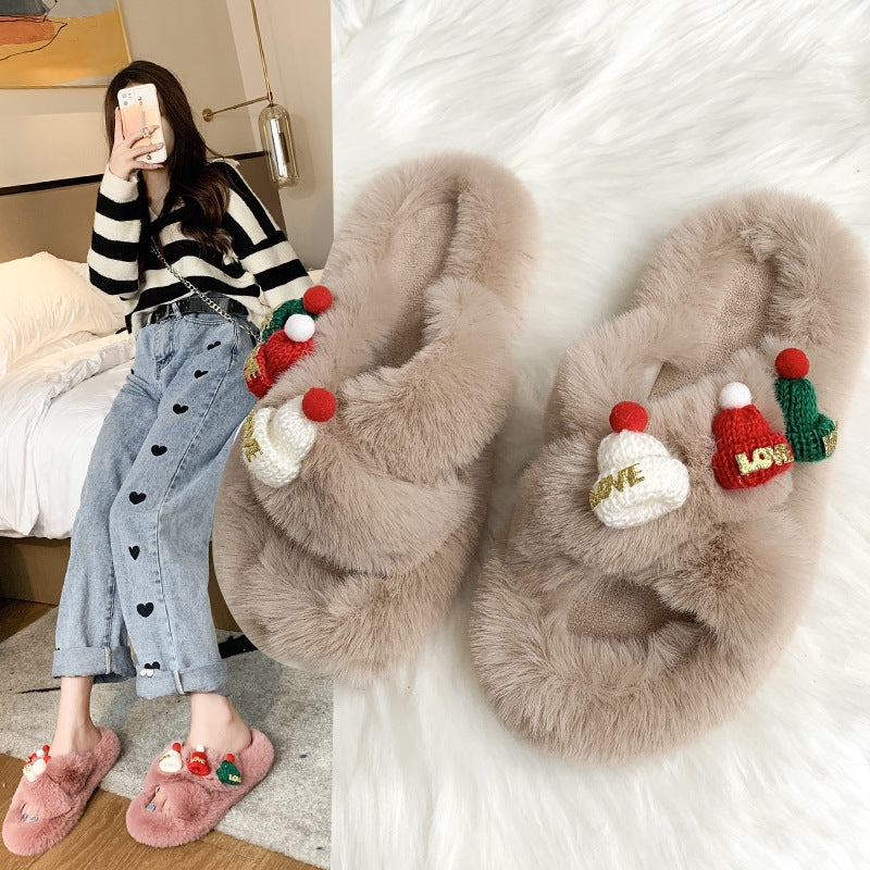 Christmas Hat Fluffy Slippers Women's Warm Toe Covering Cotton Slippers EX-STOCK Canada
