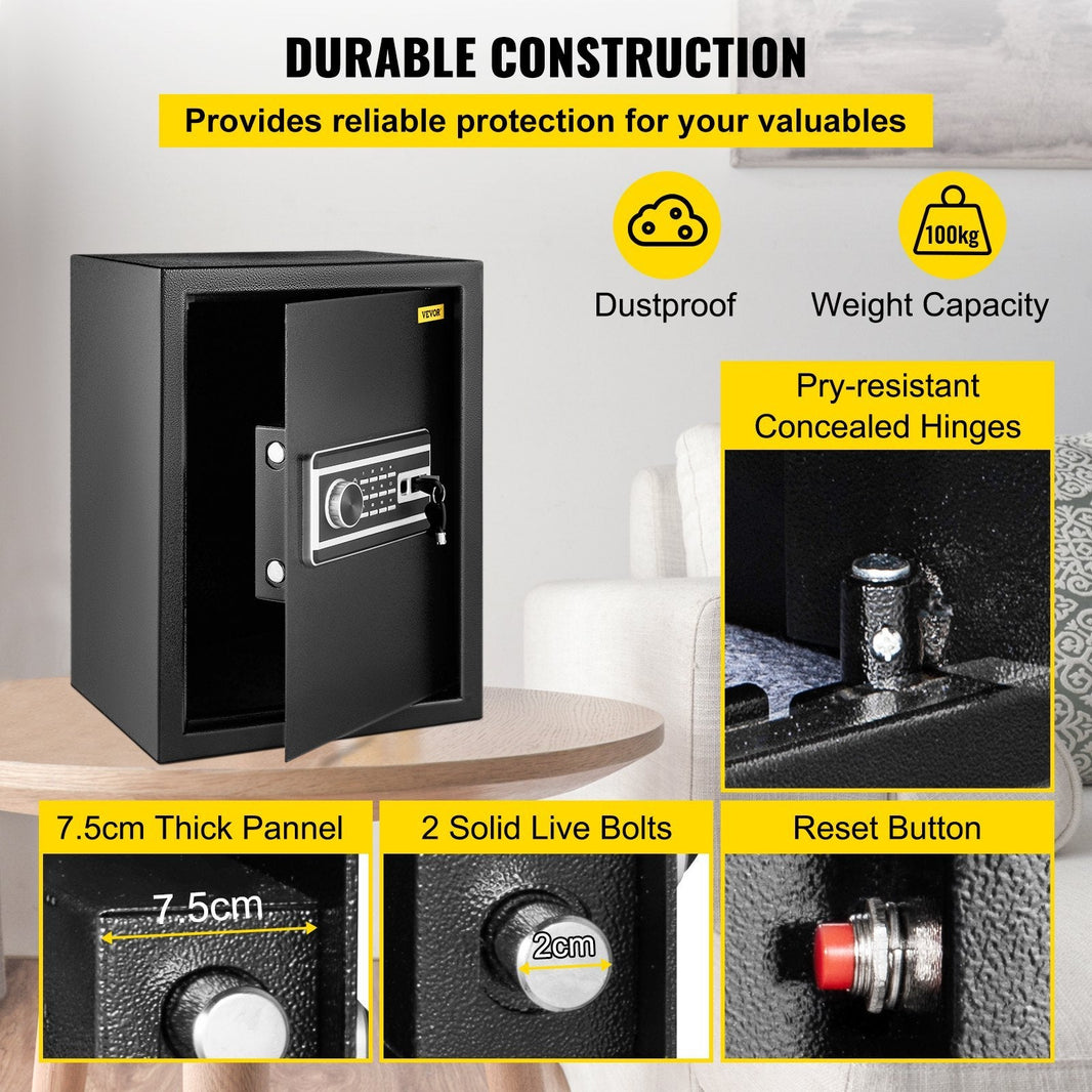 Safe Box, 2.1 CU.FT Fingerprint Safe Box For Money 2 Keys & Digital Keypad, Q235 Steel Safe Box For Storing Cash, Jewelry, Pistols, Documents, Watches In Home & Office & Hotel EX-STOCK