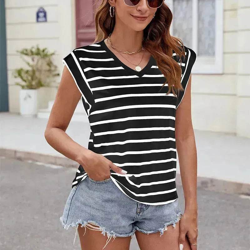 Fashion Stripe Print V-neck Short-sleeved T-Shirt Summer Loose Casual top for Women - EX-STOCK Canada