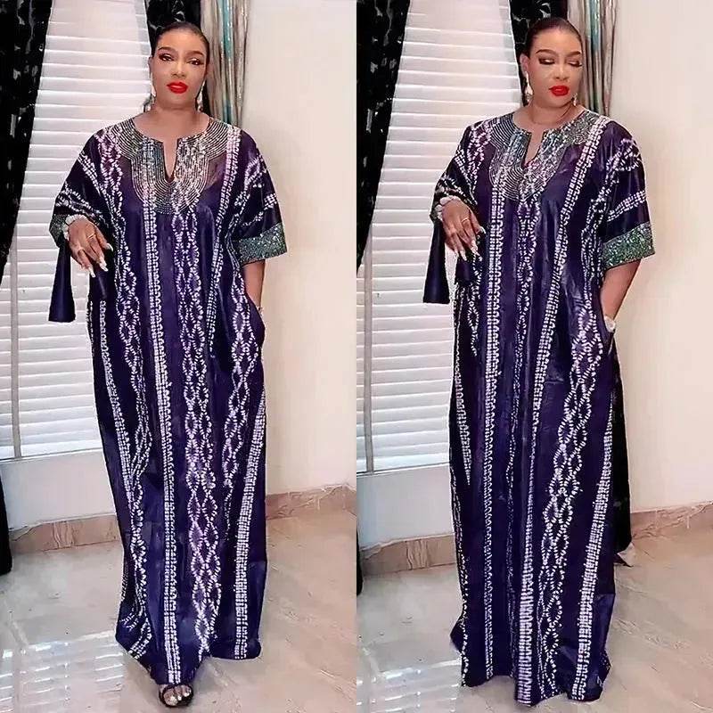 Middle East Striped Loose Robe African Dubai Arabic Satin Hot Drilling Stitching Abaya Buba Dress - EX-STOCK Canada