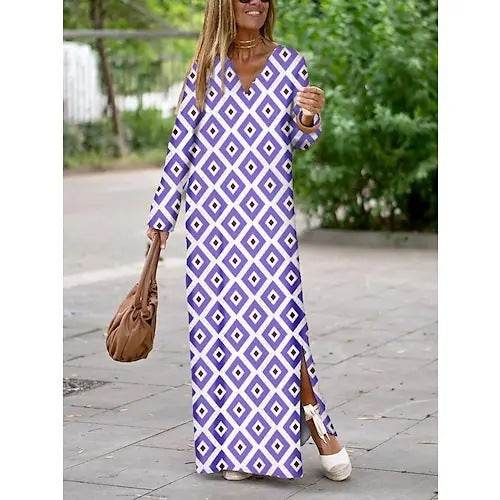 Summer Geometric Printed V-neck Long Dress Fashion Long Sleeve Slit Dresses For Women - EX-STOCK Canada