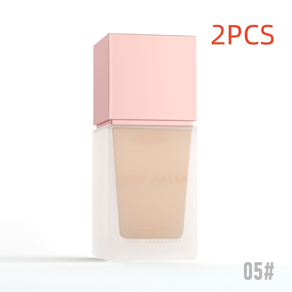 A bottle of foundation makeup with a pale pink cap and beige liquid visible through a frosted glass base, shown on a white background with red '2PCS' text in the top right and gray '05#' text in the bottom right.