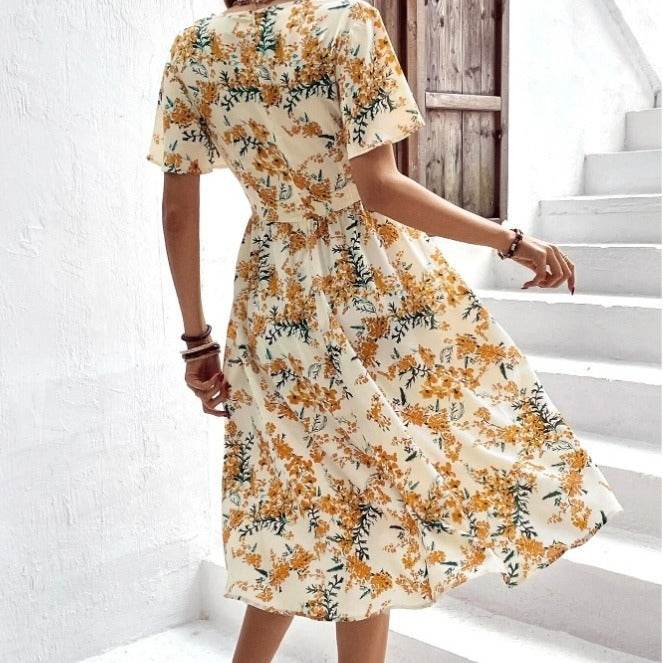 Women Bohemian Spring Short sleeve Casual flowy V-neck Tie belt Floral Summer Midi Dress - EX-STOCK Canada
