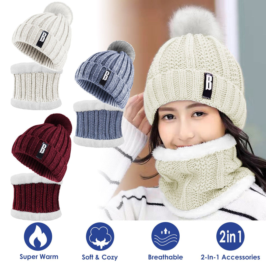 1Set Winter Beanie Hat Scarf Set Women Warm Knitting Skull Cap Neck Warmer For Walking Running Hiking Camping Outdoors Gift EX-STOCK