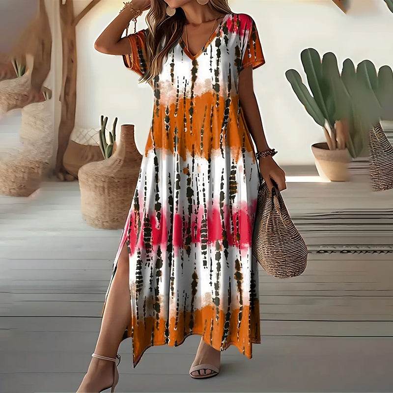 Women's Summer Tie Dye Maxi Dress Short Sleeve V Neck Casual Loose Long Split Dresses - EX-STOCK Canada