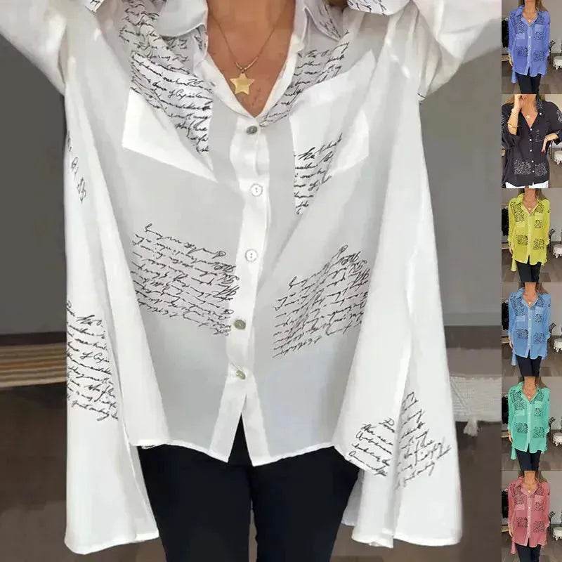 Letter Print Long Sleeve Shirt Fashion Commuter Style Lapel Shirt Women's Clothing - EX-STOCK Canada