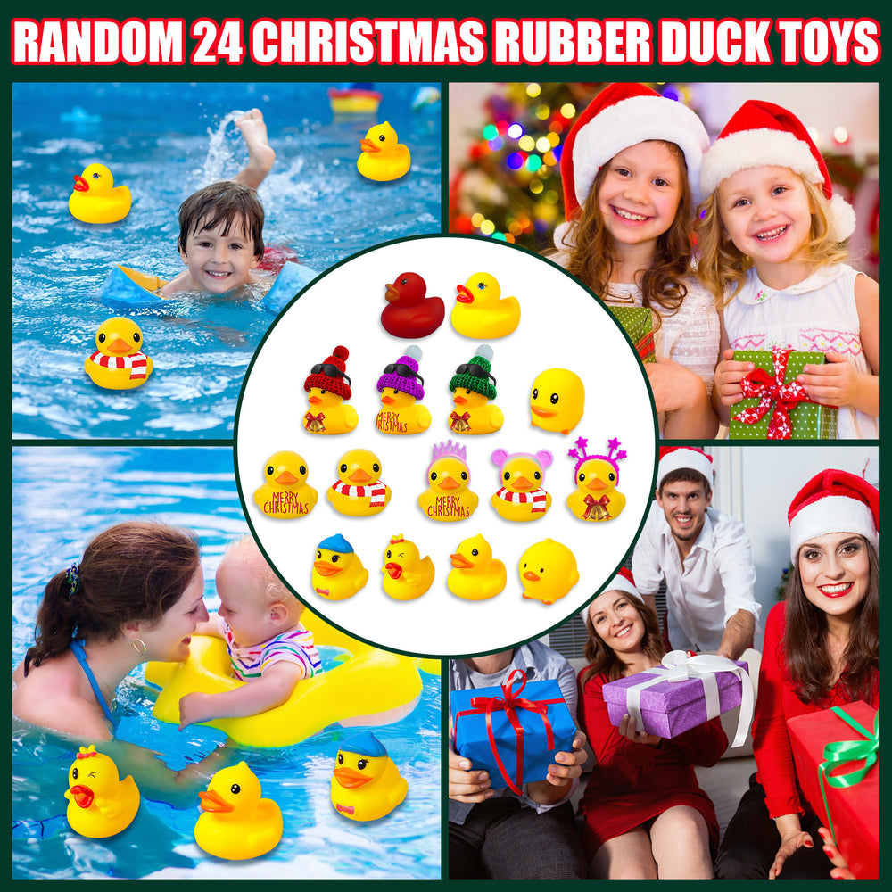Collage of Christmas rubber duck toys with children playing and celebrating.