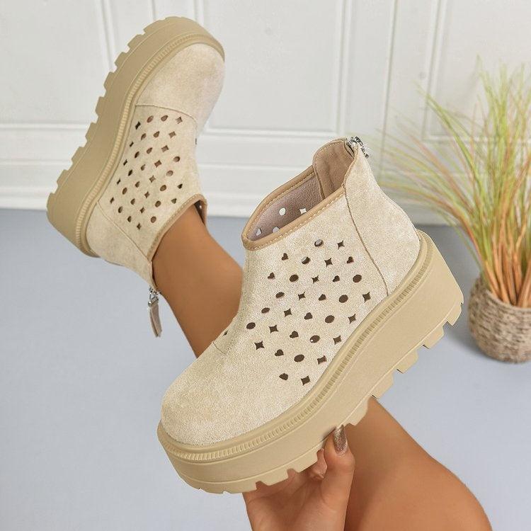 Damen Perforierte Plateau-Stiefeletten, Rückseiten-Reißverschluss Atmungsaktive Keilabsatz-Booties, Lässige Stiefel mit klobiger Sohle und Ausschnitten