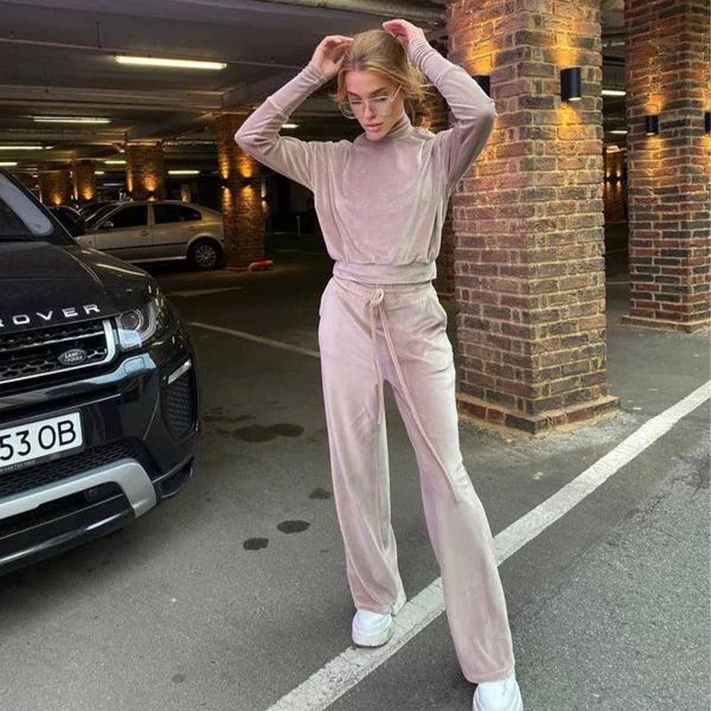 Silver Fox Velvet Turtleneck Long Sleeve Top Drawstring Trousers Suit EX-STOCK Canada