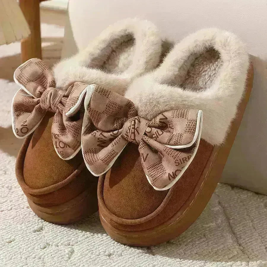 Cute Bowknot Plush Slipper Winter Warm Indoor Floor Bedroom Home Slippers For Women Fashion Thick-soled Solid House Shoes - EX-STOCK CANADA