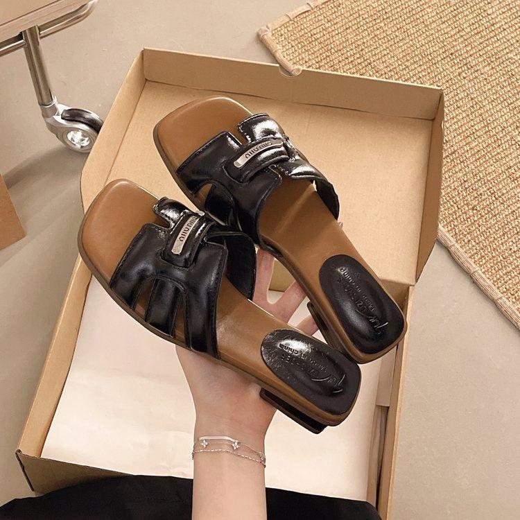 Women's Flat Block Heel Slides, 2026 Summer Outdoor Fashion Woven Slides, Versatile Elegant One-Strap Slippers