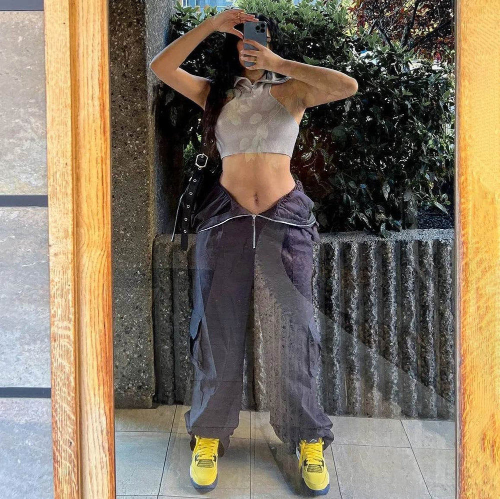 Solid Color High-waisted Zipper V Loose Straight Pocket Street fashion Cargo Pants Women - EX-STOCK Canada