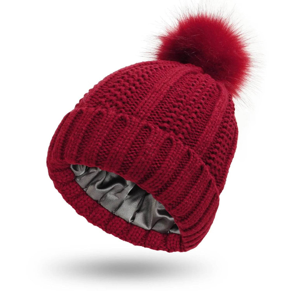 Stretchy Satin Lined Skull Knit Faux Fur Pom Pom Beanie Hat - EX-STOCK Canada