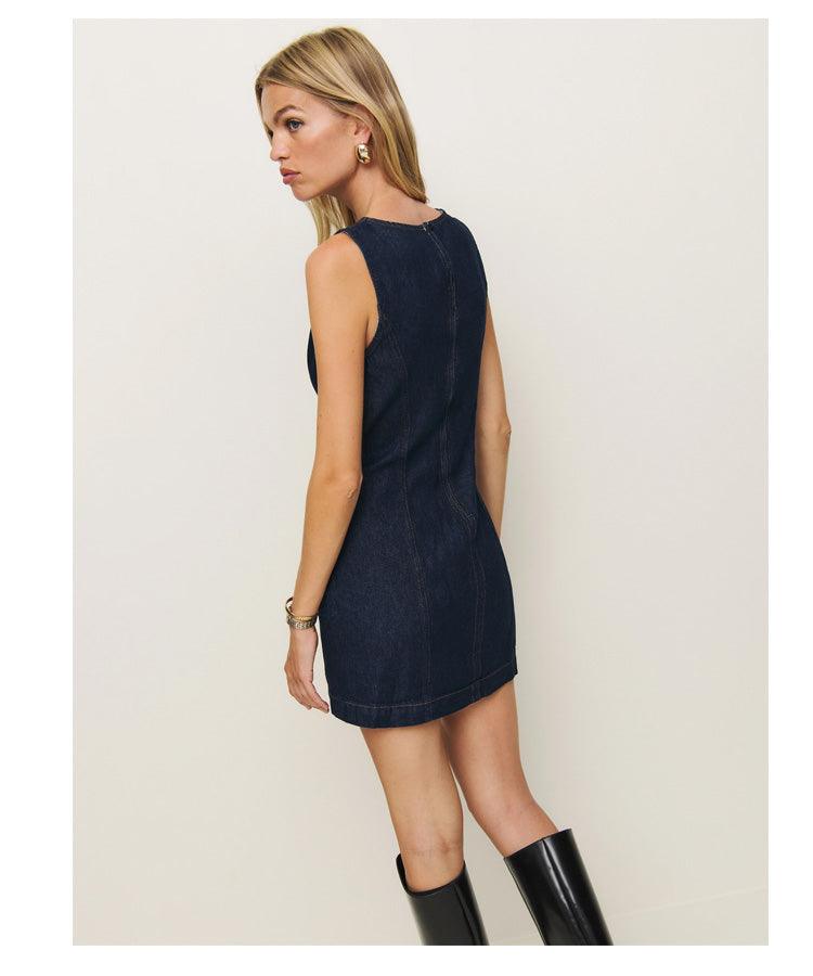 Französisches Mode-Rundhals-Skinny-Fit-Denim-Ärmelloses Kleid