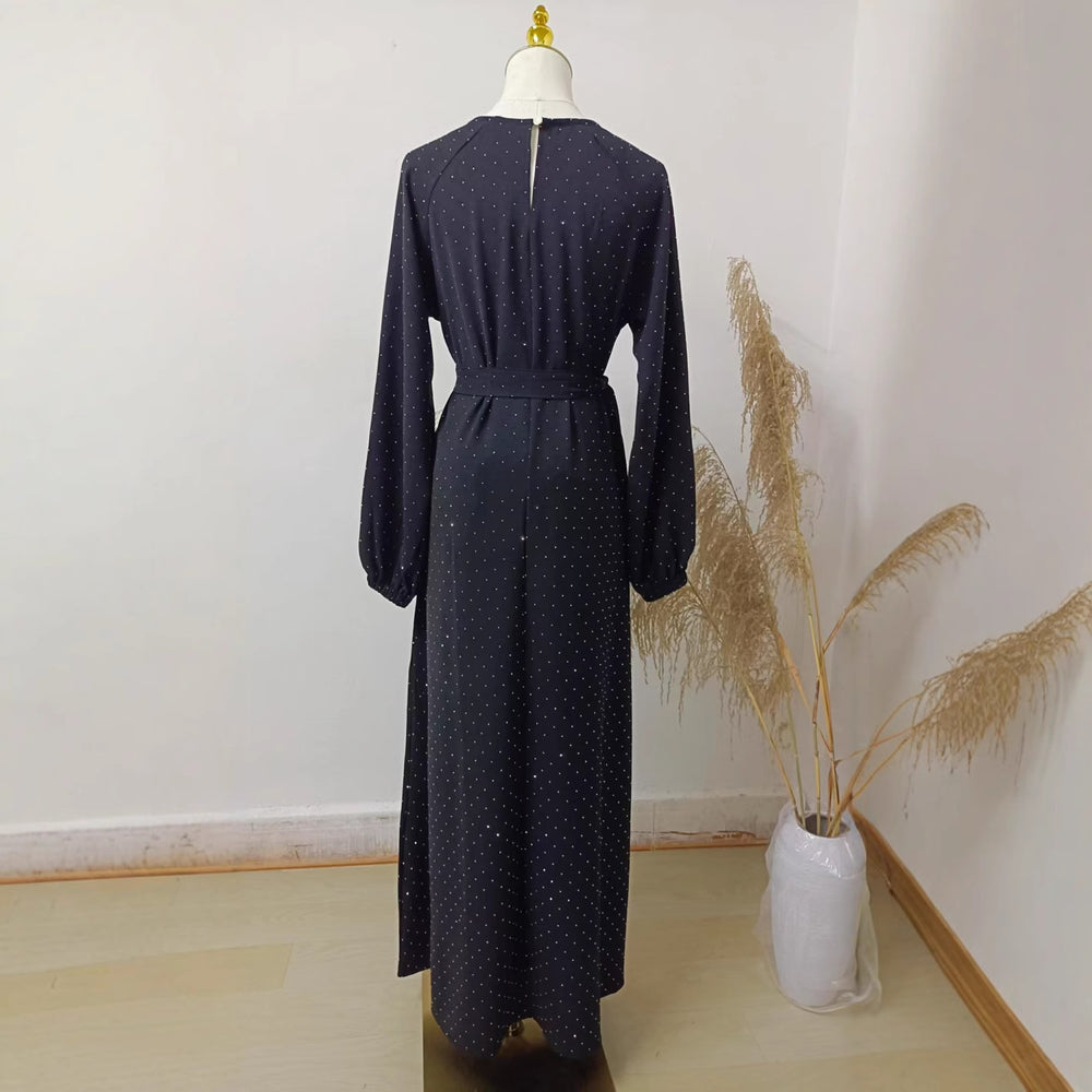 Muslim Rhinestone Dubai Round Neck Pullover Belt Dress - EX-STOCK Canada