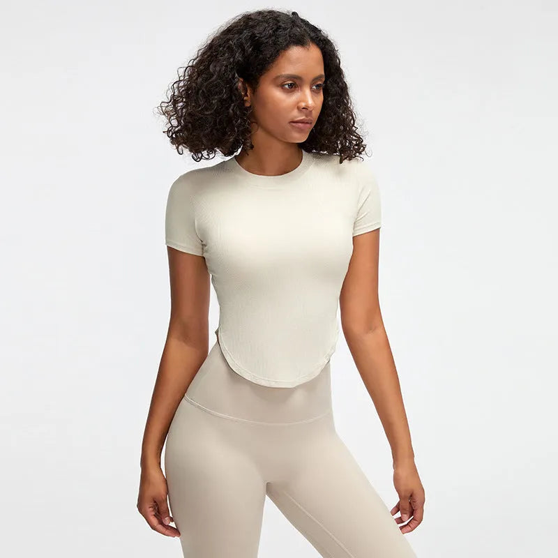 Rib Sports Short-sleeved Blouse With Chest Pad Workout Clothes Running T-shirt Beauty Back Tight - EX-STOCK CANADA