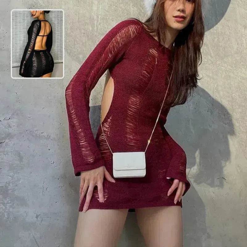 Women Fashion Slim Fit Hollow Long Sleeve Dress Y2K Charming Backless Hip-hugging Short Mini Suspender Dresses for Club Party - EX-STOCK Canada