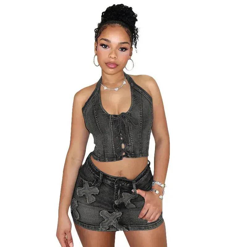 Chic Denim 2 piece Denim Skirt set Jean 2 piece set for Women Sleeveless crop top and Skirt - EX-STOCK Canada