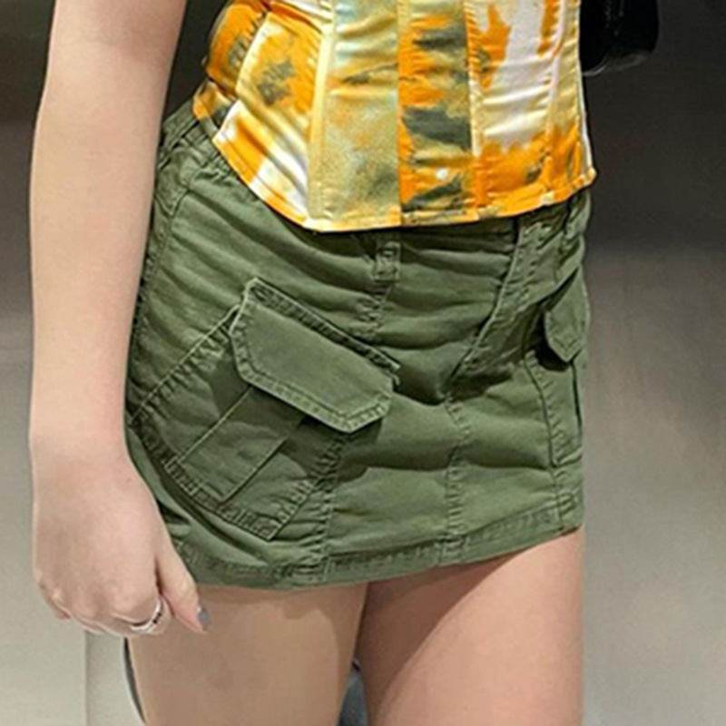 Simple Tooling Style Pocket Army Green Woven Hot Girl A- Line Mini Hip Cargo Skirt Summer - EX-STOCK Canada