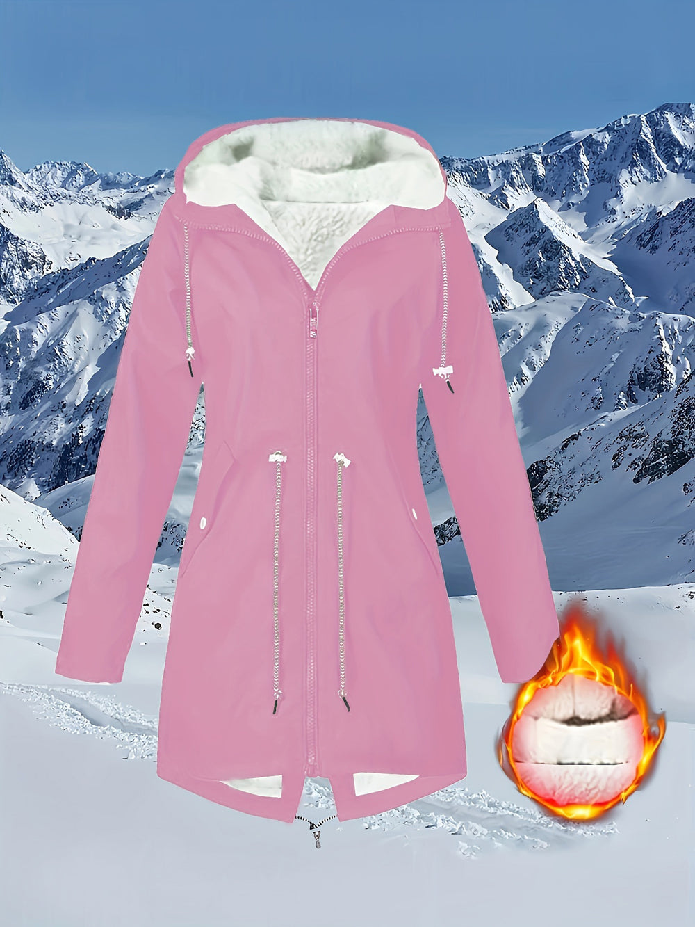 Pink winter coat with white fur lining on a snowy mountain background