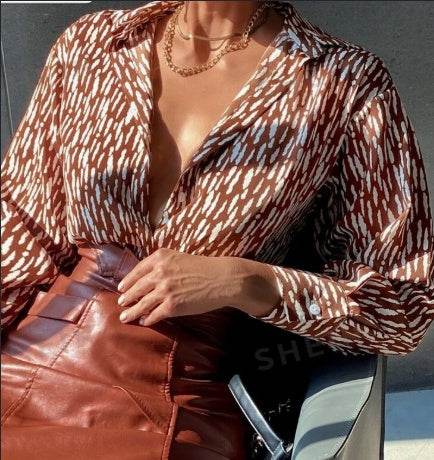 All Over Print Log sleeve Shirt Workwear Elegant Business Casual Women Button Up Shirt Women - EX-STOCK Canada