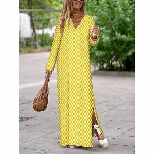 Summer Geometric Printed V-neck Long Dress Fashion Long Sleeve Slit Dresses For Women - EX-STOCK Canada