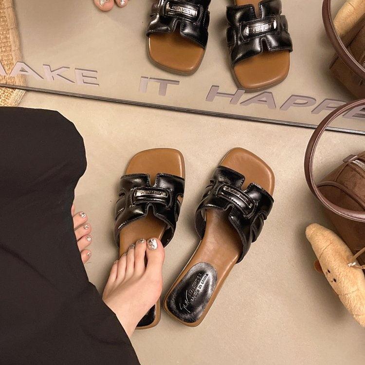 Women's Flat Block Heel Slides, 2026 Summer Outdoor Fashion Woven Slides, Versatile Elegant One-Strap Slippers