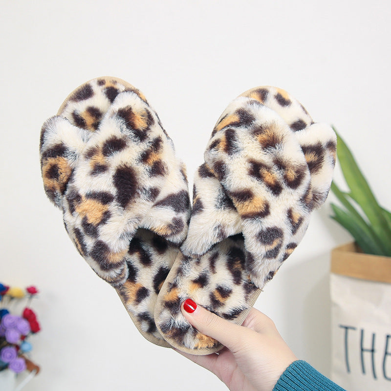 Cross-strap Fuzzy Slippers Leopard Plush House Shoes Flat Bedroom Slippers Slippers For Women EX-STOCK Canada