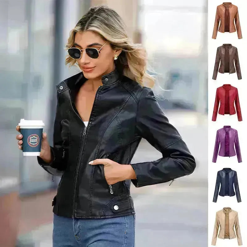 Veste en cuir à col de slim européen et américain à la mode pour femmes