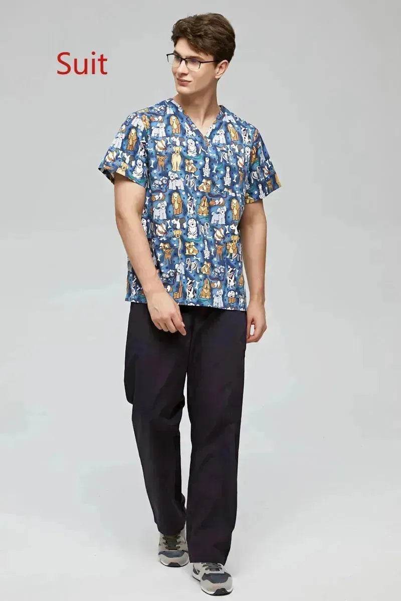 Surgical Gown Printed V-neck Pet Doctor Beauty Hospital Work Clothes Flower Dog Blue - EX-STOCK Canada