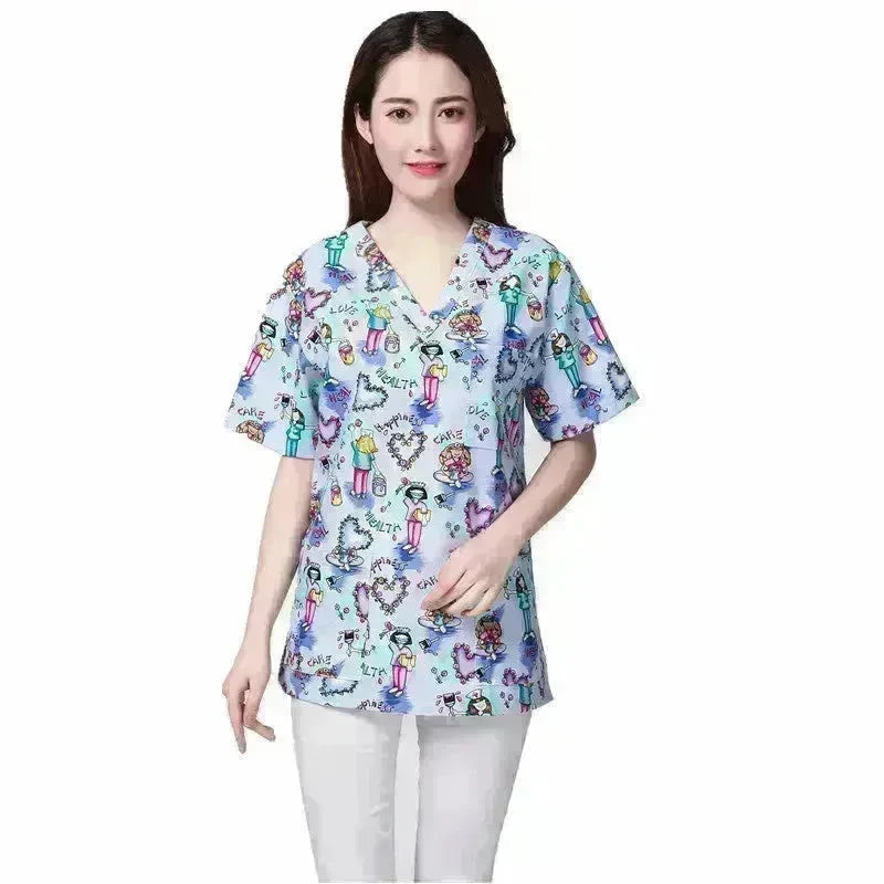 Cartoon Printing Hand Washing Suit Short Sleeve Small Shirt Beautician Pet Hospital Brush Hand Doctor Overalls EX-STOCK